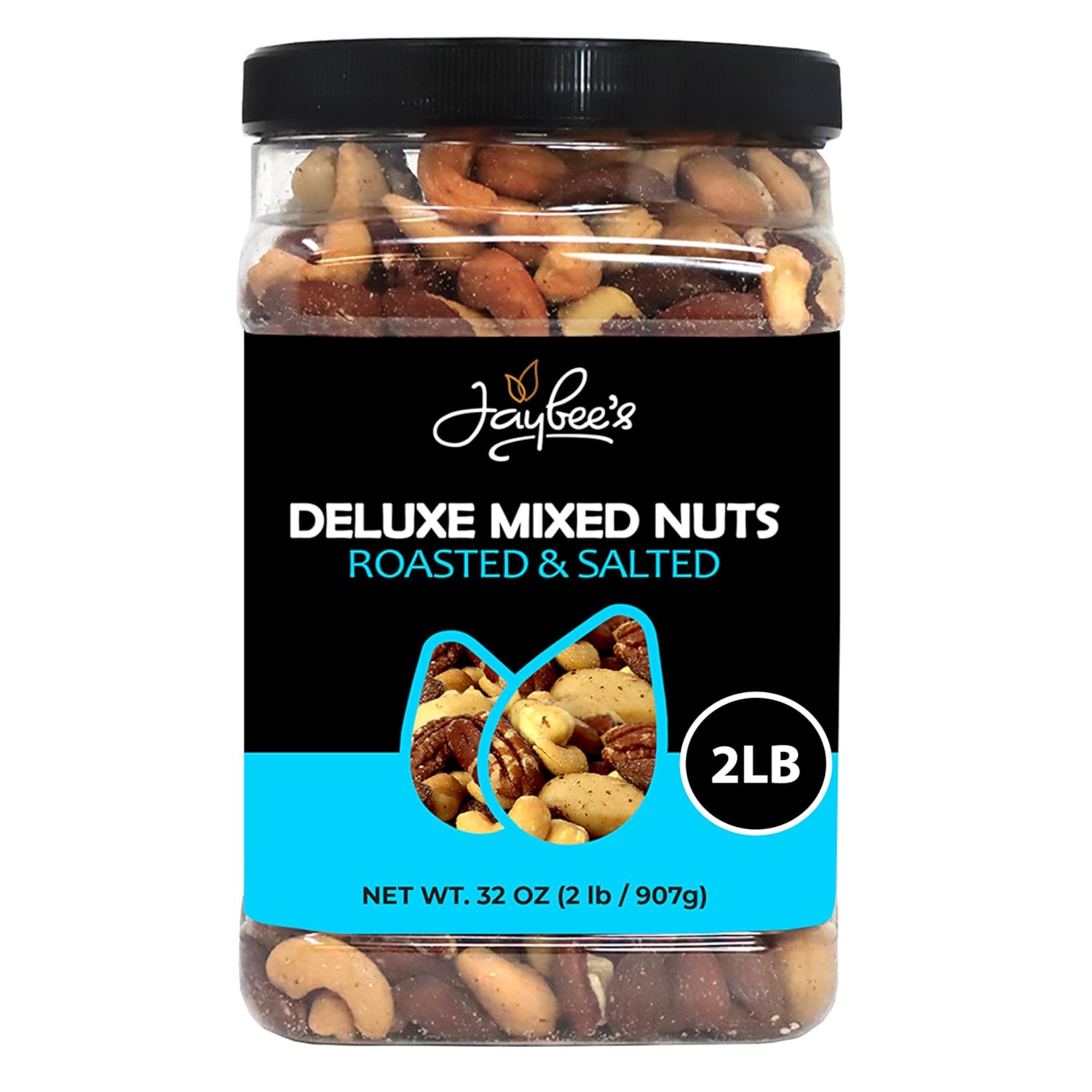 Mixed Nuts Deluxe - Roasted & Salted | 32 oz Reusable Container | Healthy Gourmet Variety Snack Mix with Cashews, Almonds, Brazil Nuts, Pecans, Hazelnuts (No Peanuts) Holiday Gifts | Keto, Vegan Friendly, Healthy Nut Mix | Jaybee's