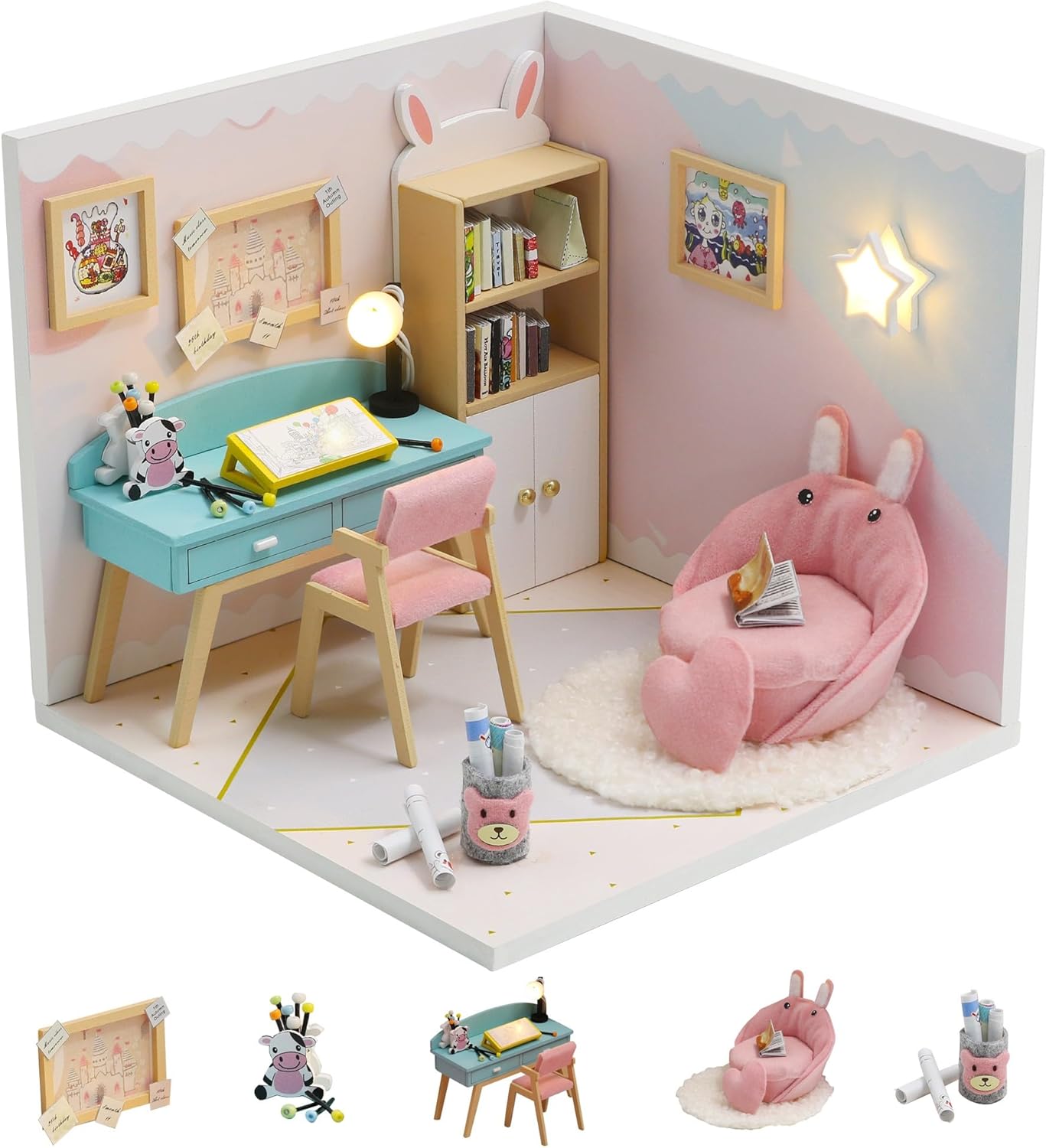 Kisoy Dollhouse Miniature with Furniture Kit, DIY 3D Wooden DIY House Kit A Corner of a Small Apartment Style with Dust Cover & LED,Handmade Tiny House Toys for Kids Adults Gift (Study Room)