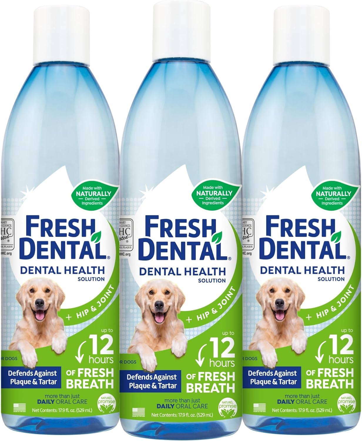 Naturel Promise Fresh Dental Hip & Joint Water Additive Dog Breath Freshener for Dogs, 17.9oz Bottle - 3 Pack
