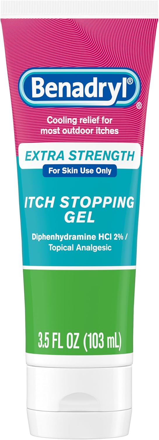 Benadryl Topical Itch Relief Gel, Extra Strength, Contains 2% Diphenhydramine HCl, Soothing Relief from Scrapes, Insect Bites, Sunburn and More, Great for Outdoors, 3.5 fl oz
