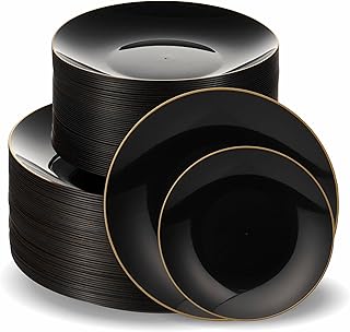 100 PCS Disposable Plastic Black Plates Combo | 50 7.5 In. Gold Rim Appetizer/Dessert Plastic Plates And 50 10 In. Gold Rim Plastic Dinner Plates | Heavy Duty Plates For Wedding, Parties Or Catering