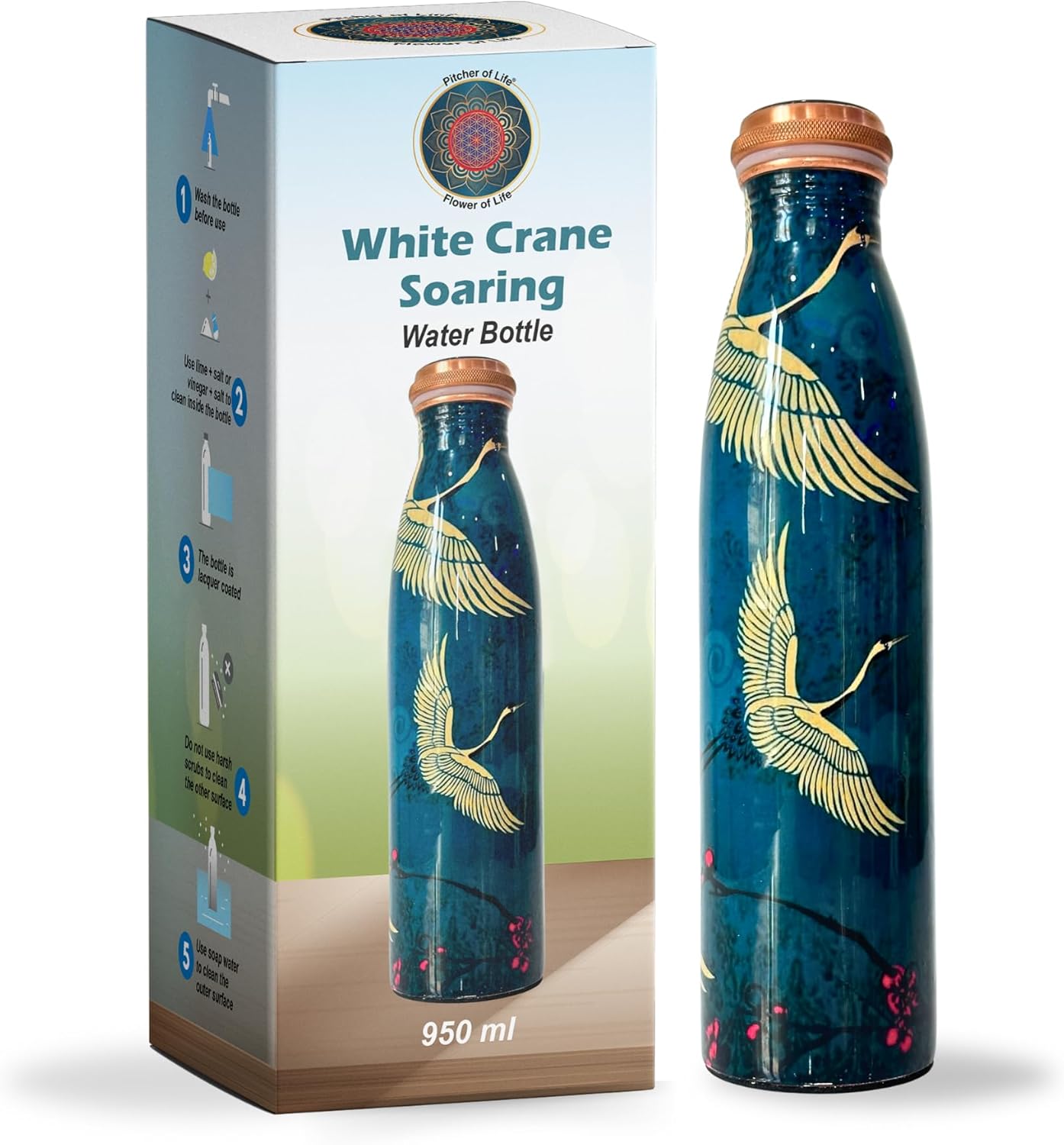 Pure Copper Bottle with leakproof Lid - Igrets White Bird Design - Capacity 32 Oz/950 ml - Travel Water Bottle for Gym, Office, Hiking, Girls and Kids with Ayurvedic Health Benefits