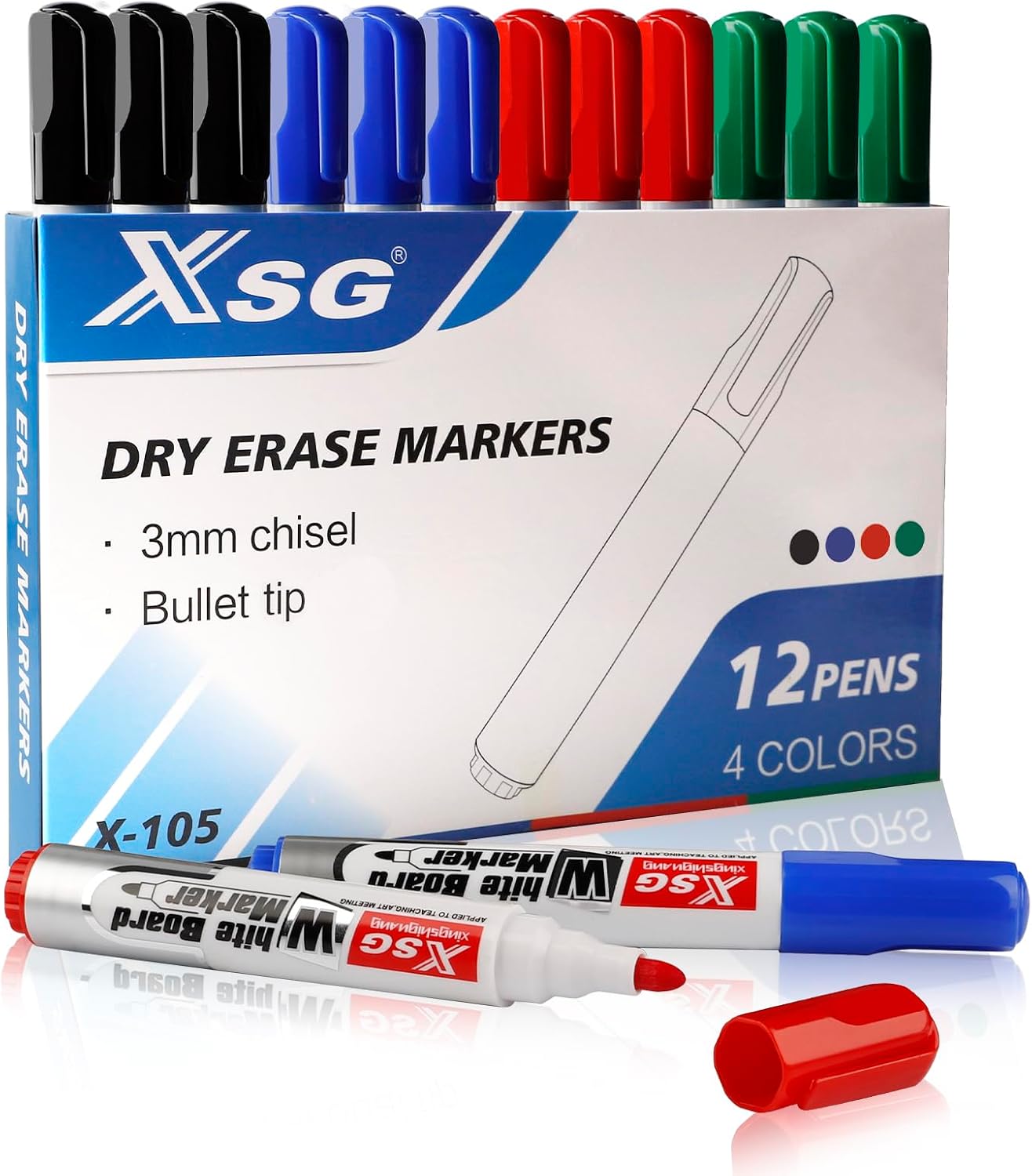 ABEIER XSG Whiteboard Pens Markers, 4 Assorted Colors Dry Erase Markers, Home Office School Supplies, Bullet Tip Low Odour (Pack of 12)
