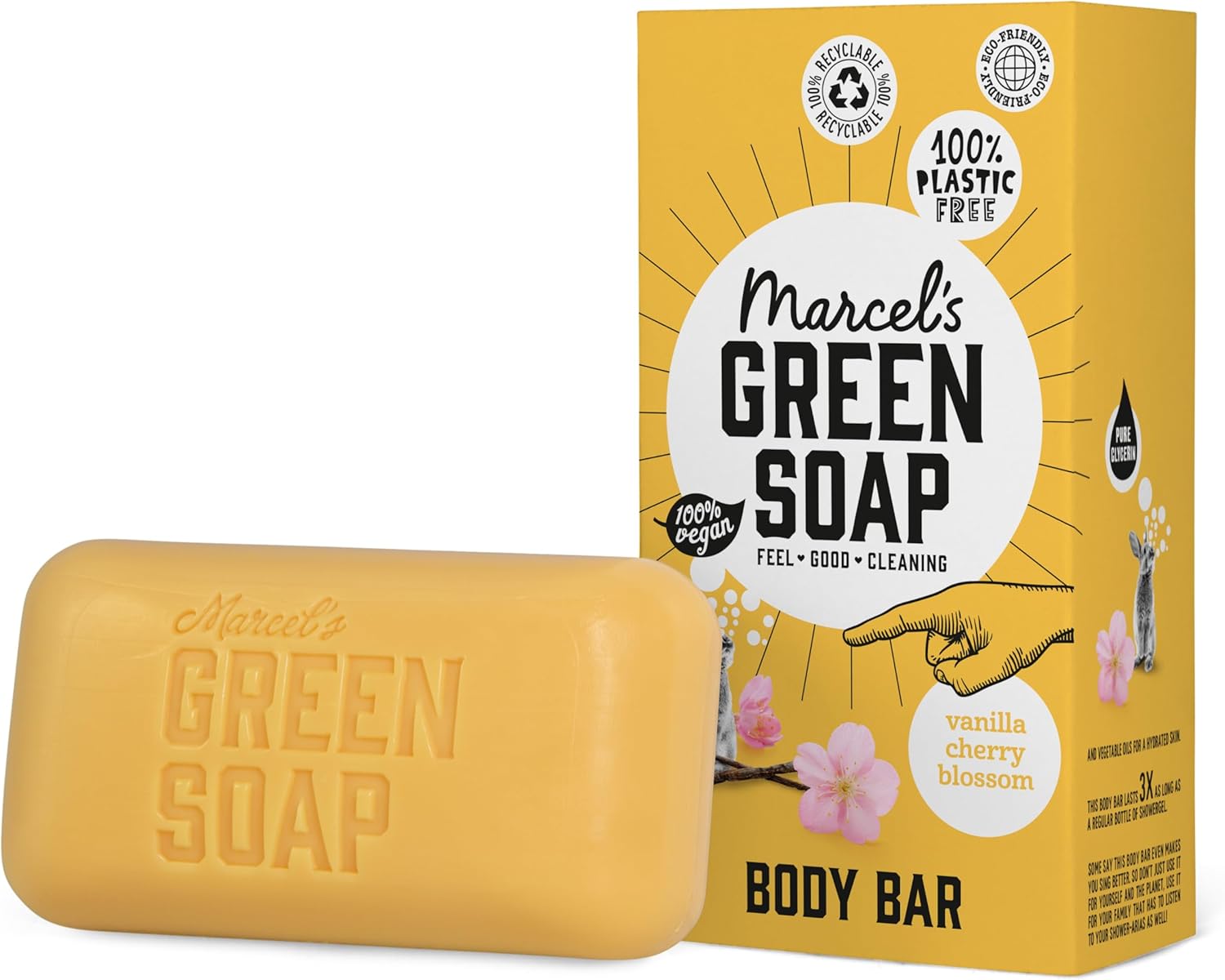 Marcel's Green Soap - Body Bar Vanilla & Cherryblossom - Saves 3 bottles of regular Shower Gel - 100% Eco friendly - 100% Vegan - 97% Biodegradable - 150 G