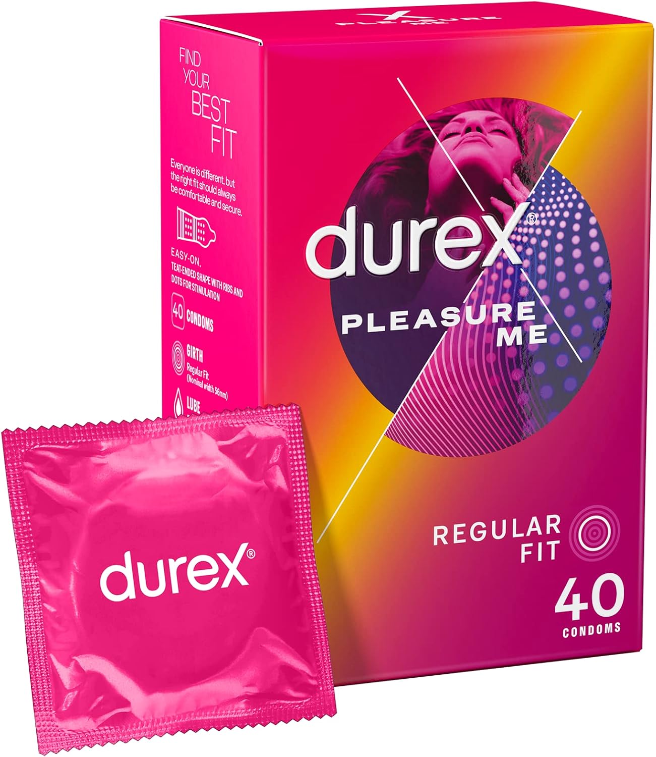 Durex Pleasure Me, 40 Condoms, Dotted and Ribbed, Regular Fit, With Extra Silicone Lube, Trusted Durex Protection, With Silicone Lube, Easy on Shape, Teat Ended, Natural Latex
