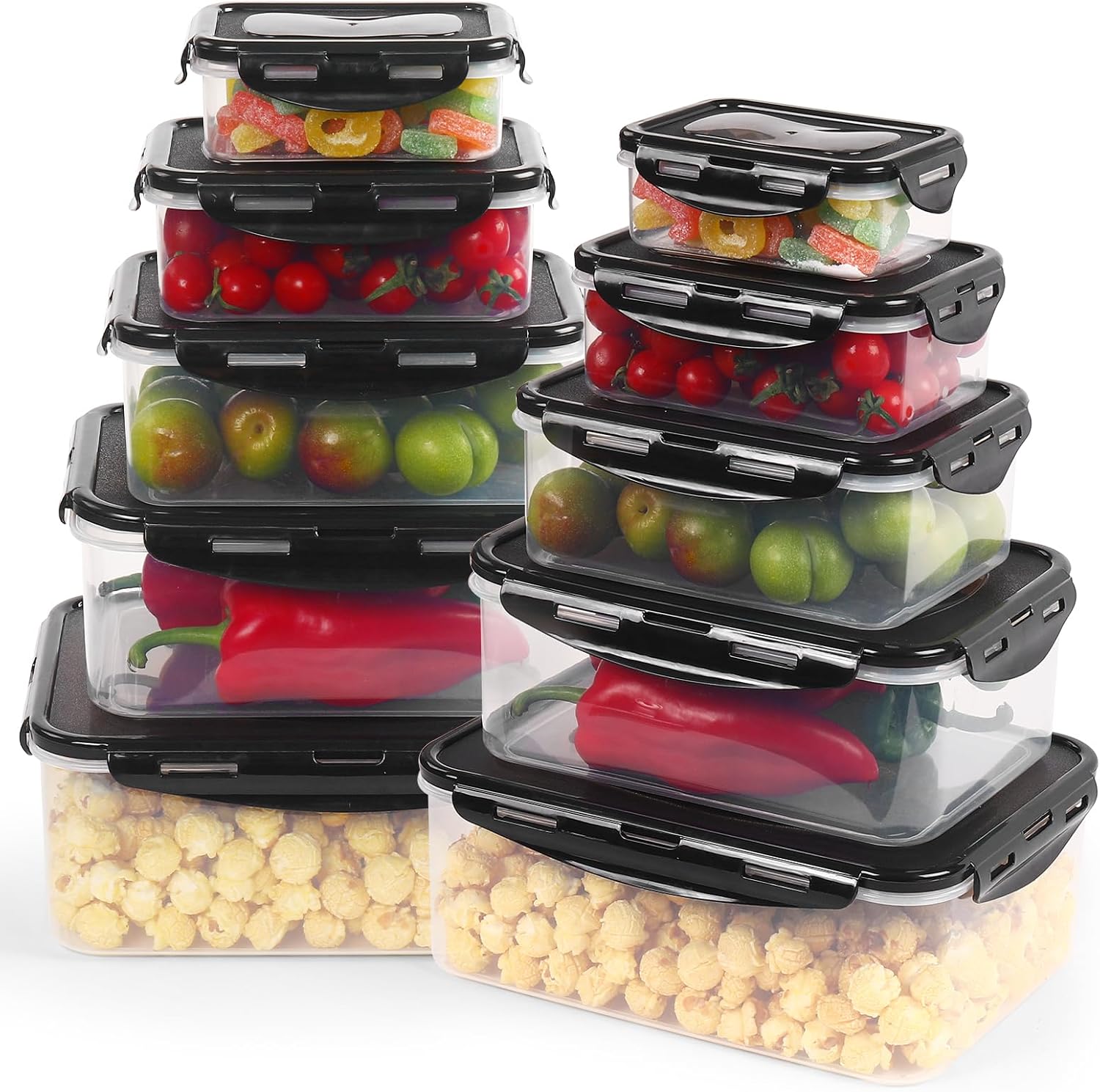 Rainberg Plastic Food Storage Containers - 20 Pieces (10 containers & 10 Lids) Food Containers, Air Tight Lids, Freezer, Microwave & Dishwasher Safe. (Black)