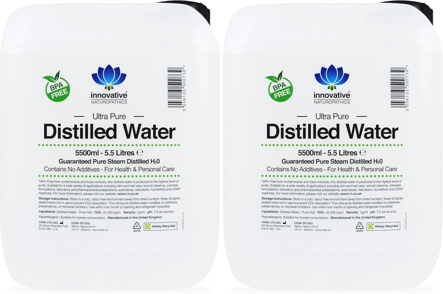 Distilled Water - 5.5 Litres - Ultra Pure Water (Pack of 2)