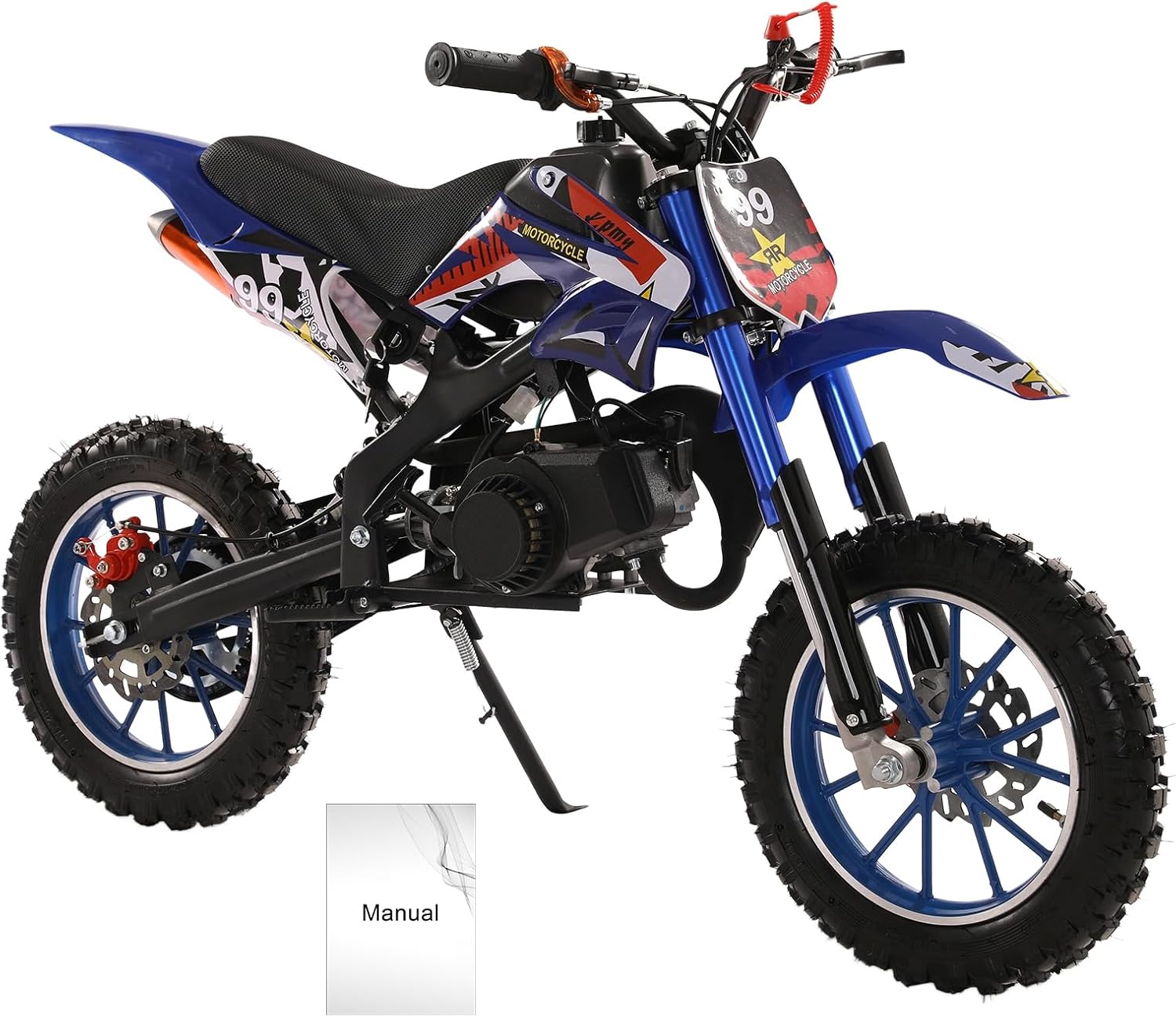 49cc Mini Motocross Dirt Bike for Kids – Gas Powered 2-Stroke Off-Road Motorcycle, 40KM/H Max Speed, Front & Rear Disc Brakes, 10" Inflatable Tires, 330 lbs Capacity, Youth Pit Bike Blue