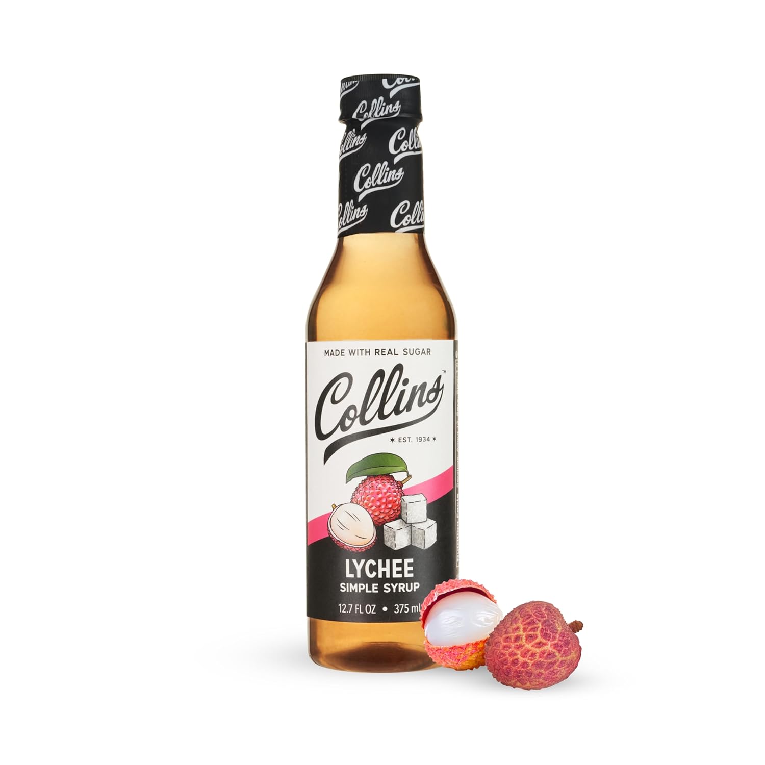 Collins Lychee Simple Syrup for Cocktails, Martinis, Mojitos, Sorbets, Teas, and Desserts, No Artificial Colors or Flavors, Home Bar Accessories, Party Essentials, 12.7 oz, Set of 1
