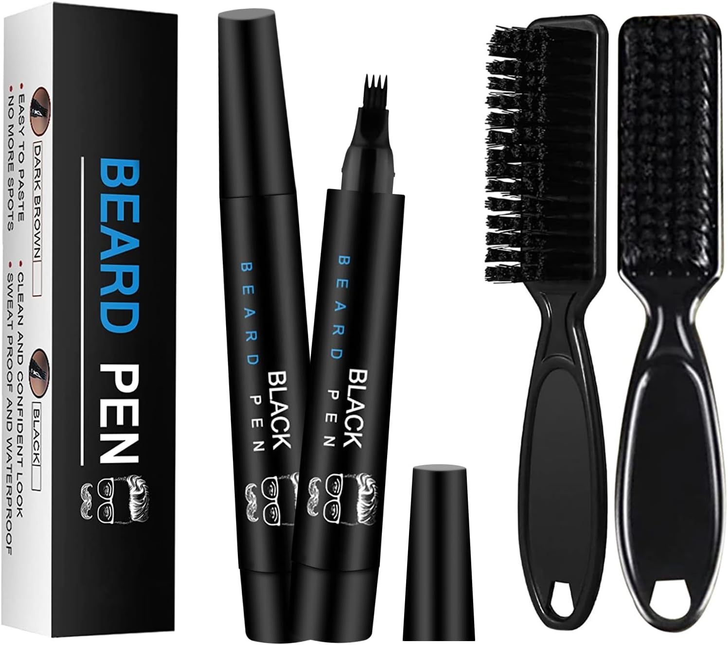Beard Pen, 2 Pack Beard Pencil Filler for Men Black- Water Proof Beard Pen and Beard Brush Long Lasting Coverage Natural Finish, Male Mustache Repair Shape (2 Brush)