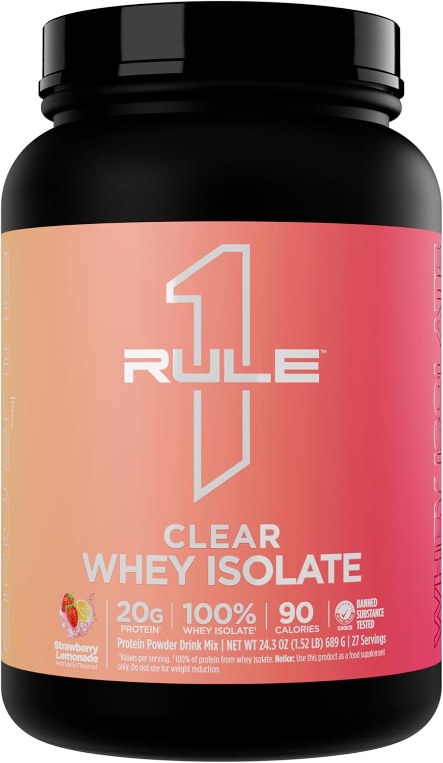 Rule 1 Clear Whey Isolate - 20g All-Whey Isolate Protein Mix, Over 9g EAAs, 90 Calories, Zero Sugar, Easy to Digest, Light, Crisp, and Refreshing Taste (27 Servings, Strawberry Lemonade)