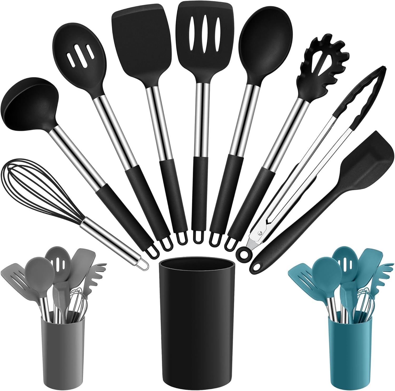 Joyfair Kitchen Utensils Set, 10 Pcs Silicone Cooking Utensils Set with Stainless Steel Handle, Heat Resistant Cooking Tools Spatula Turner Spoon with Holder, Dishwasher Safe & Non Scratch, Black