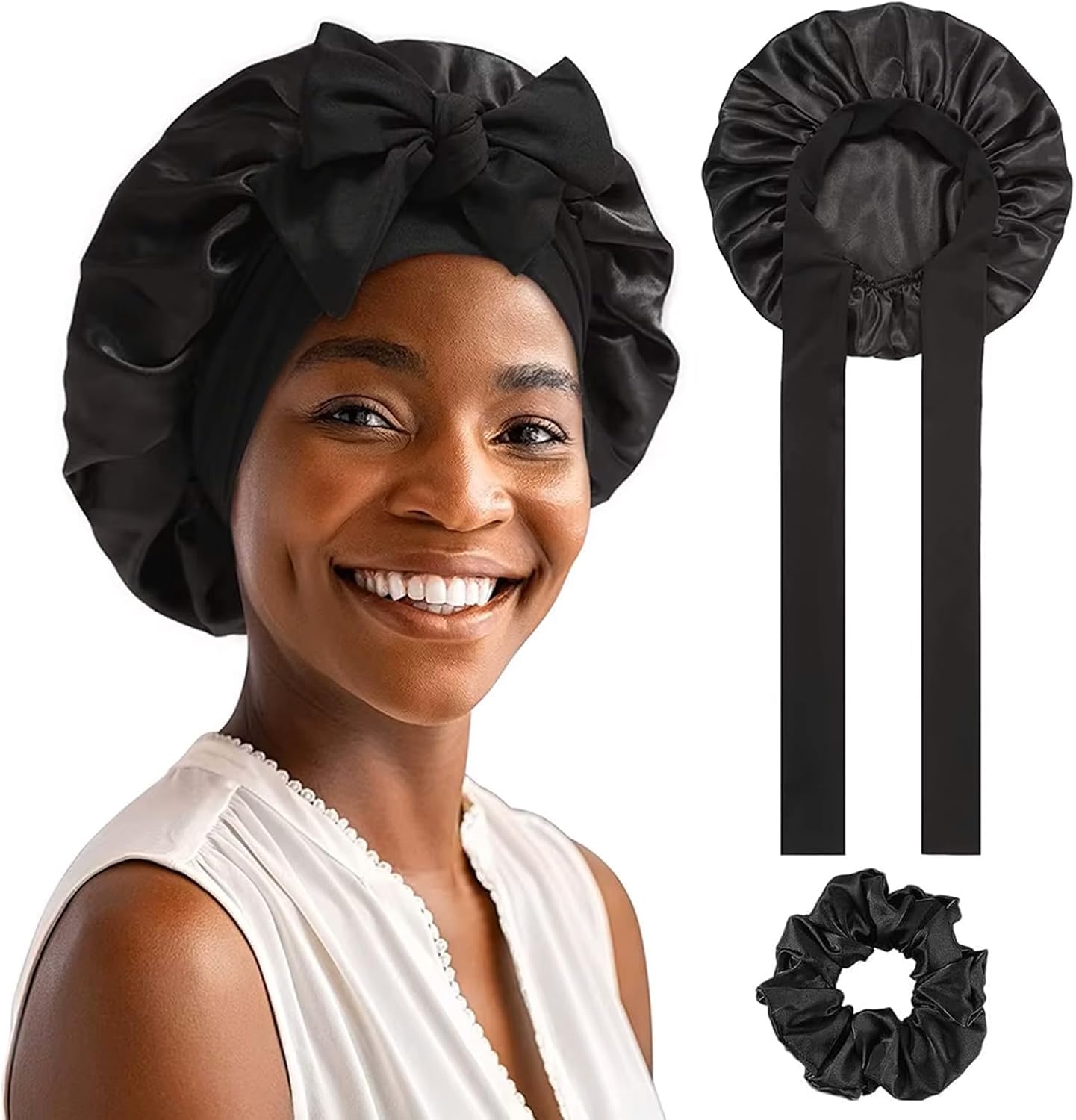 LIYANHU Adjustable Silk & Satin Sleep Bonnet for Curly Hair, Braids - Soft Hair Protection with Tie Band, Women’s Nightcap Accessories (Black)