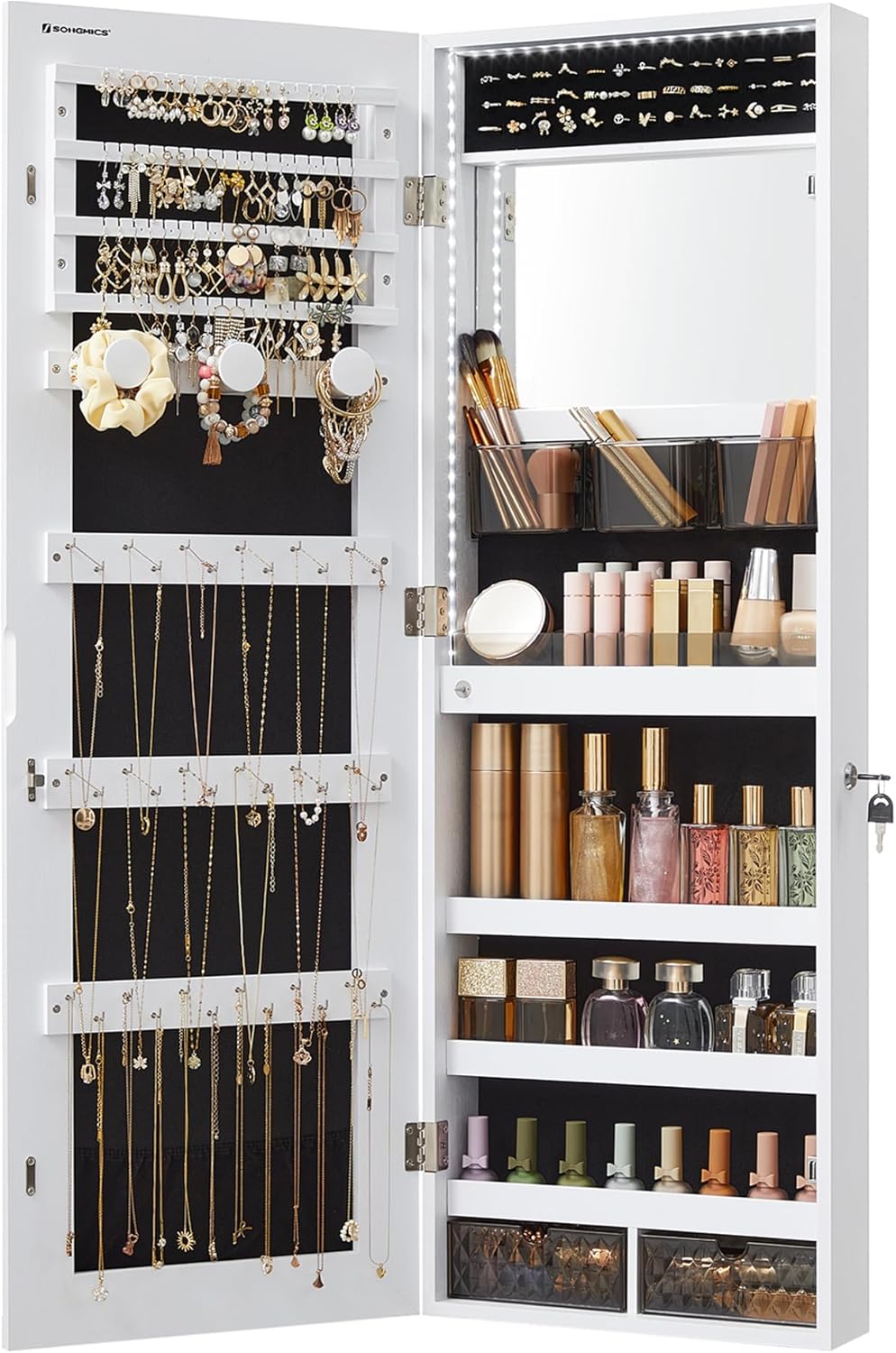 SONGMICS Mirror Jewelry Cabinet Armoire Organizer, Wall or Door Mount Storage Cabinet with Full-Length Frameless Lighted Mirror, Built-in Makeup Mirror, 2 Drawers, Lockable, White UJJC013W01