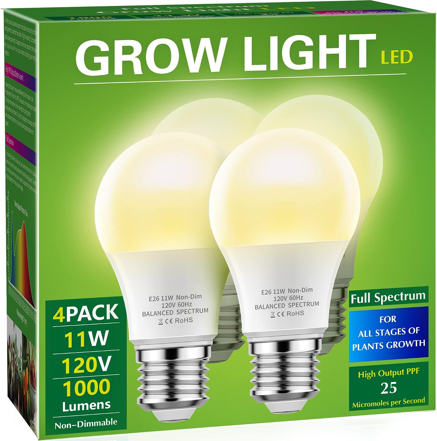 Briignite 4 Pack Grow Light Bulbs, LED Grow Light Bulb A19, Full Spectrum