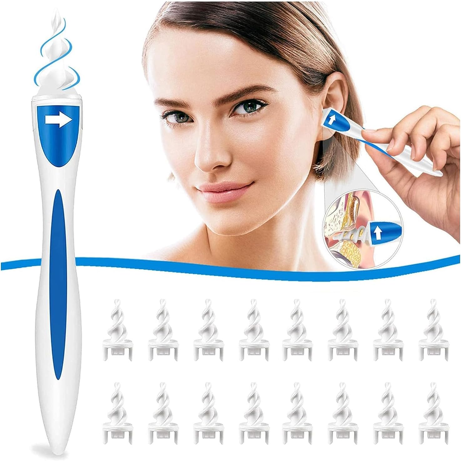 Ear Wax Remover, Q Grips Earwax Removal-Spiral Ear Wax Removal Tool, Reusable Earwax Removal Kit Safe Ear Cleaner with 16 Pcs Soft and Flexible Replaceme