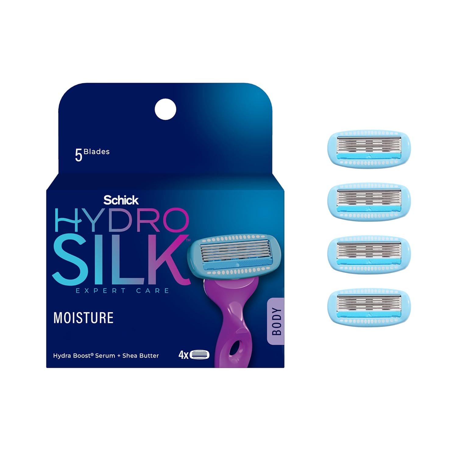 Schick Hydro Silk Moisture Razor Blade Refills, 4 Count | 5-Blade Moisturizing Razors for Women | Womens Moisturizing Razor Refills
