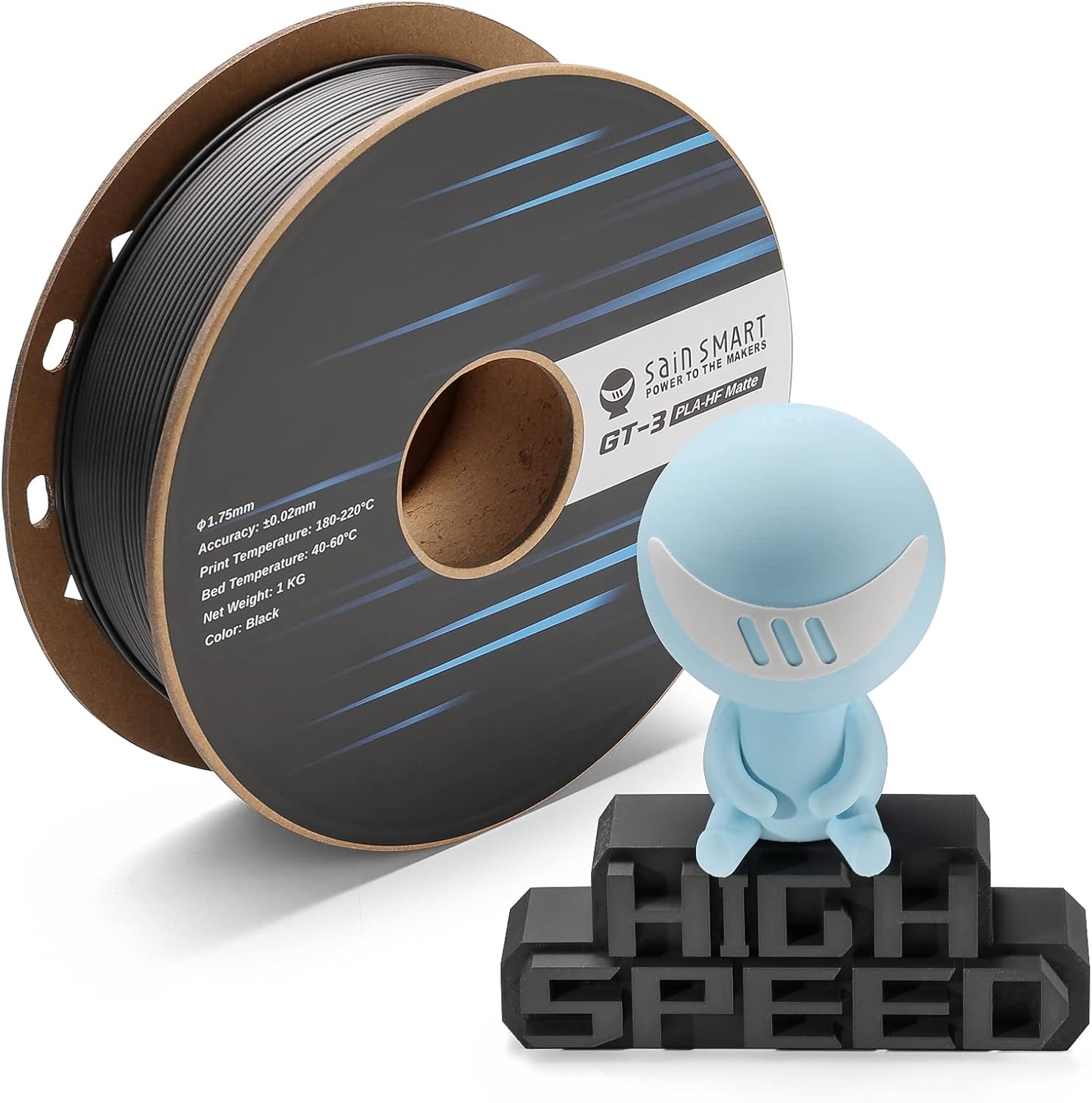 SainSmart GT-3 High Speed Matte PLA Filament 1.75mm, High Flow 3D Printer Filament, Black, 2.2 LBS (1KG) Spool, Dimensional Accuracy +/- 0.02mm, Fit Most FDM Printer