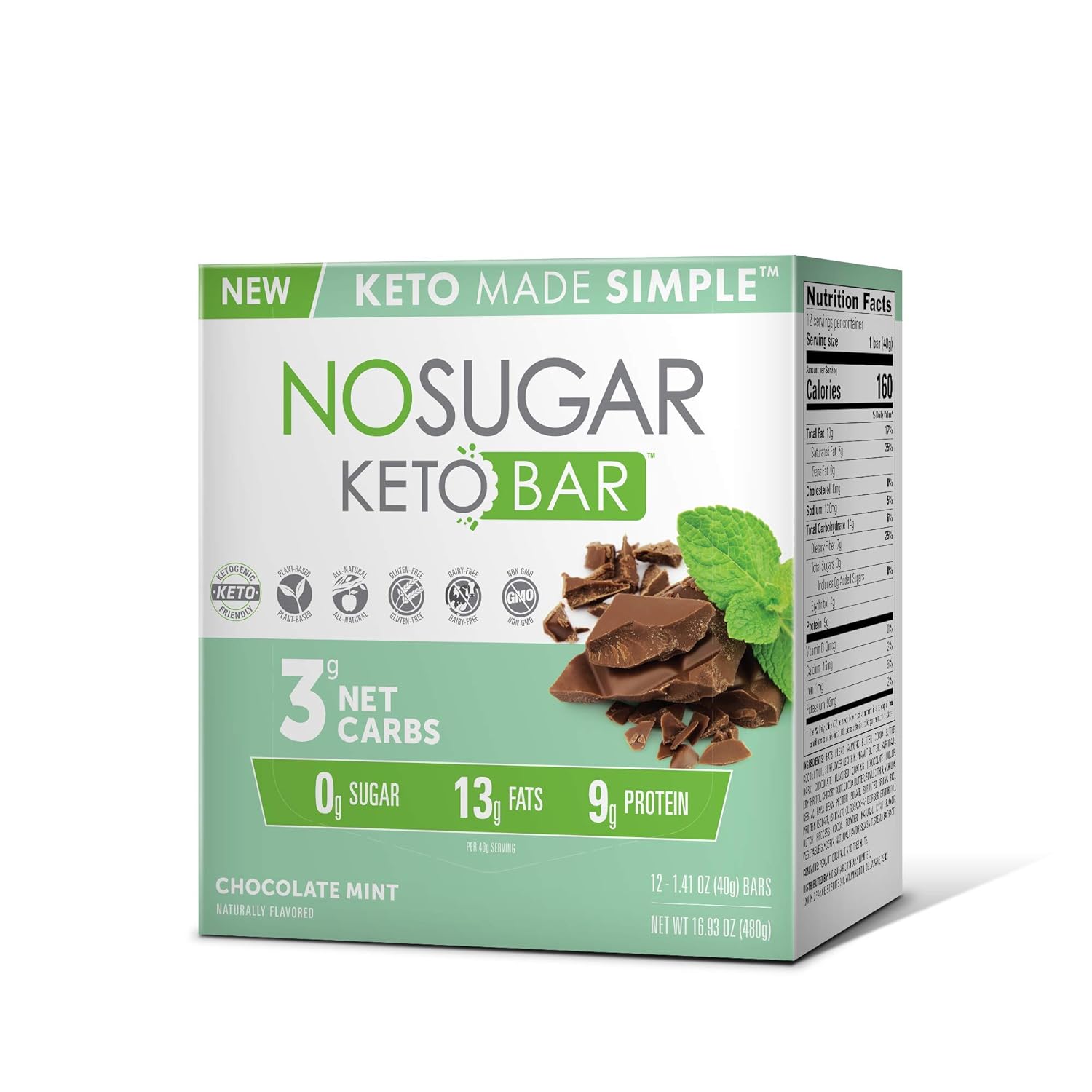 No Sugar Keto Bar Snack - Low Carb No Sugar Keto Snack Food with Keto Friendly Macros (12 x 1.41oz Bars, Chocolate Mint)