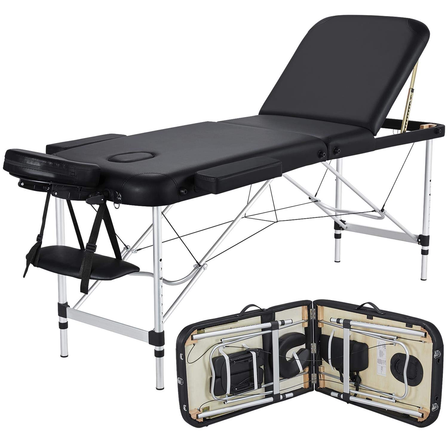 Yaheetech Massage Tables Portable Tattoo Table Adjustable Lash Bed Aluminium 3 Folding Spa Bed with Non-Woven Bag 24 inch Wide Black