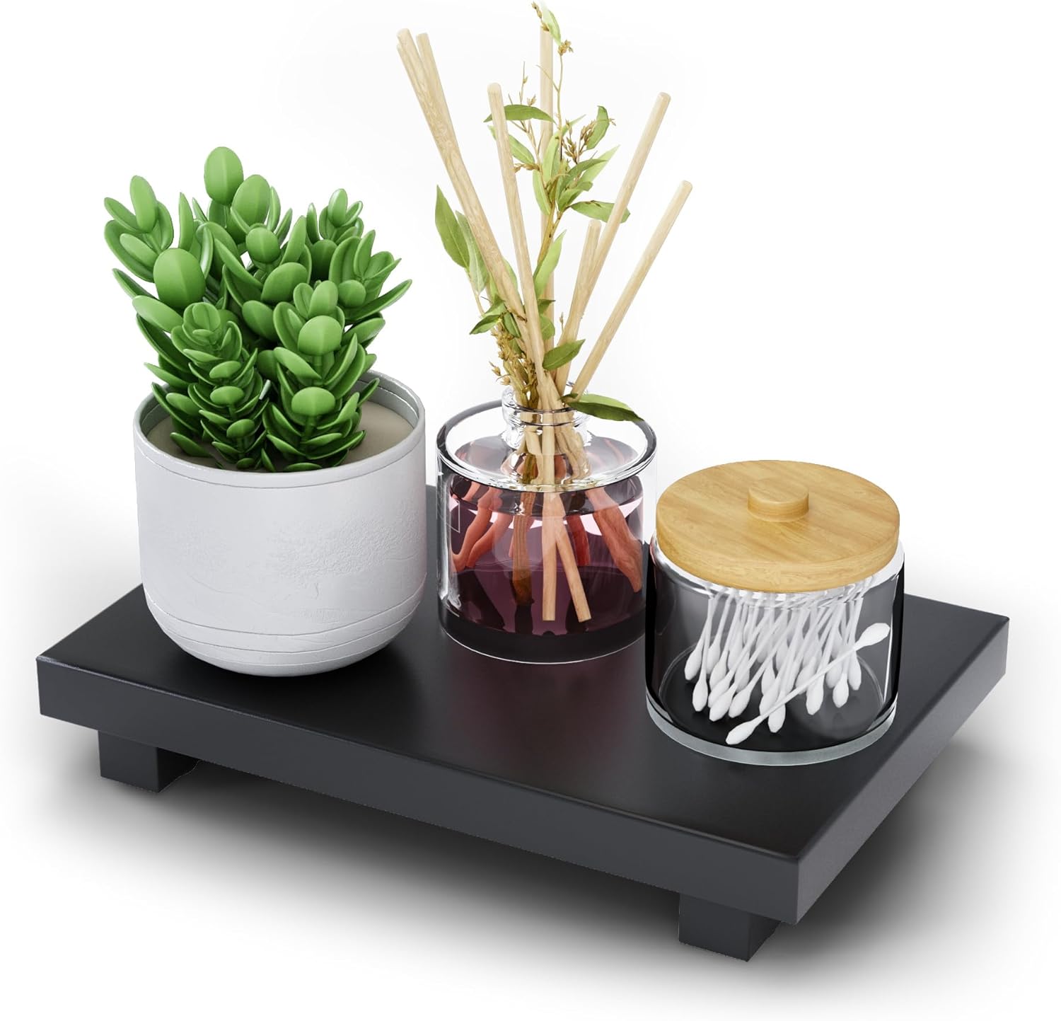 Oak Wood Pedestal Bathroom Riser for Vanity Countertop , 9" x 6" Modern Farmhouse Decor Wooden Tray for Kitchen Counter (NO Bottles NO Plant)Black