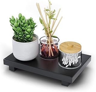 Oak Wood Pedestal Bathroom Riser for Vanity Countertop , 9" x 6" Modern Farmhouse Decor Wooden Tray for Kitchen Counter (NO Bottles NO Plant)Black