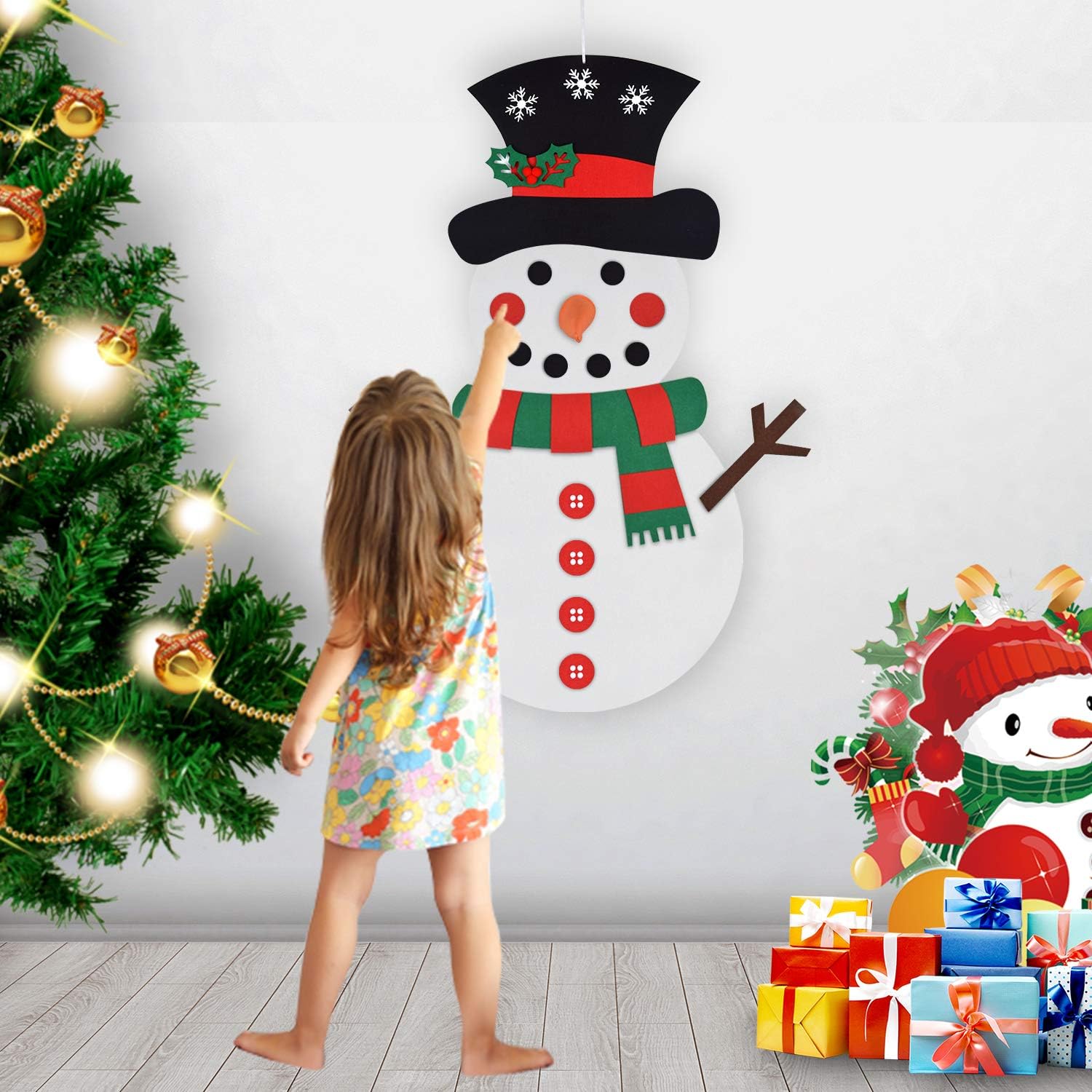 Greenleaf 28pcs DIY Felt Snowman Set with Detachable Ornaments, 19x39 Inches Xmas Wall Hanging Games for Christmas Decorations
