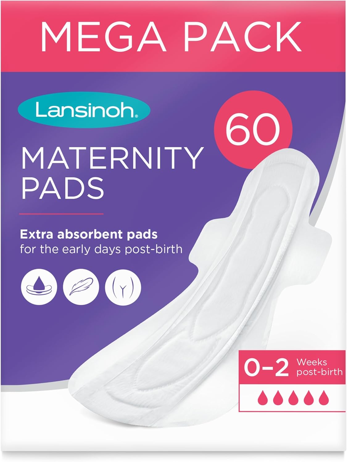 Lansinoh Maternity Pads After Birth Extra Absorbent with Wings - Pack of 60 - Leak Protection Ultra Long Slim Fit Postpartum Essential Postnatal Wider Soft Breathable Unscented Sanitary Period Towels