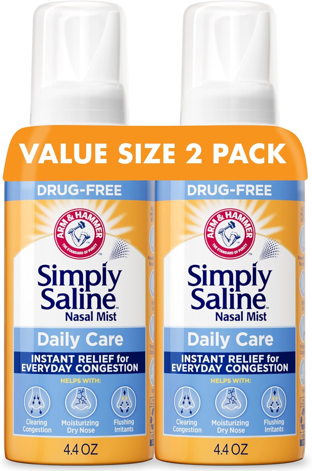 Arm & Hammer Simply Saline Daily Care Nasal Mist 4.4oz, Saline Nasal Spray, Drug-Free, 2-Pack