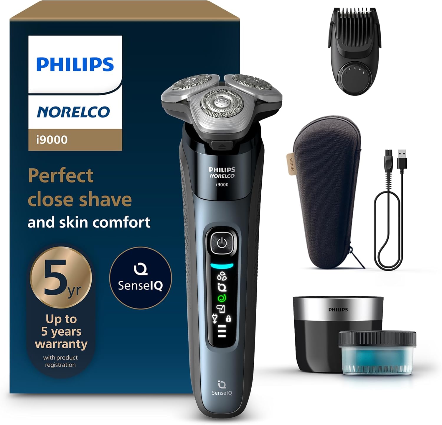 Philips Norelco Shaver i9000, Wet & Dry Electric Shaver, Taubenblau, SenseIQ Technology, Triple Lift & Cut System, 360 Rotating Dual SteelPrecision Precision Blades, Beard Styler, Model X9001/91