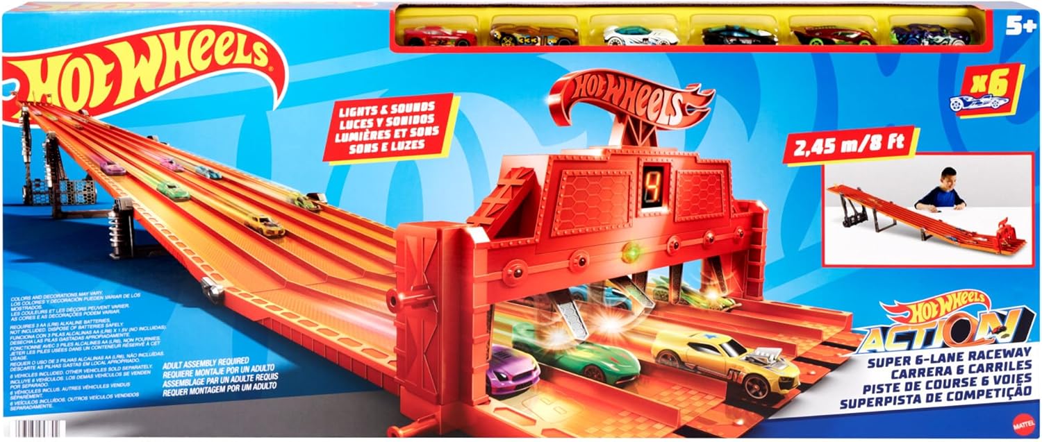 Hot Wheels Toy Car Playset with Lights, Sounds & 6 1:64 Scale Vehicles, Super 6-Lane Raceway, 8-foot Track that Rolls Up for Storage