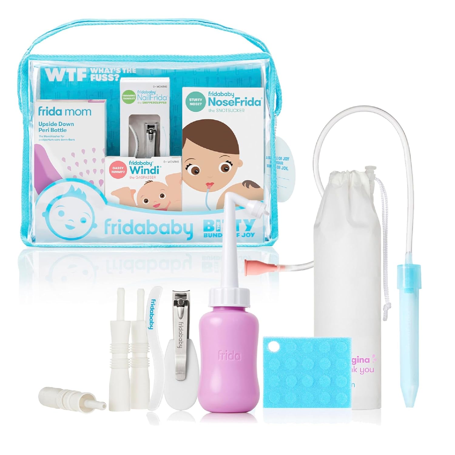 Frida Baby Bitty Bundle of Joy Mom & Baby Essentials Healthcare and Grooming Gift Kit Includes Peri Bottle, NoseFrida Snotsucker, Windi Gaspasser & Nail Clipper + File Set