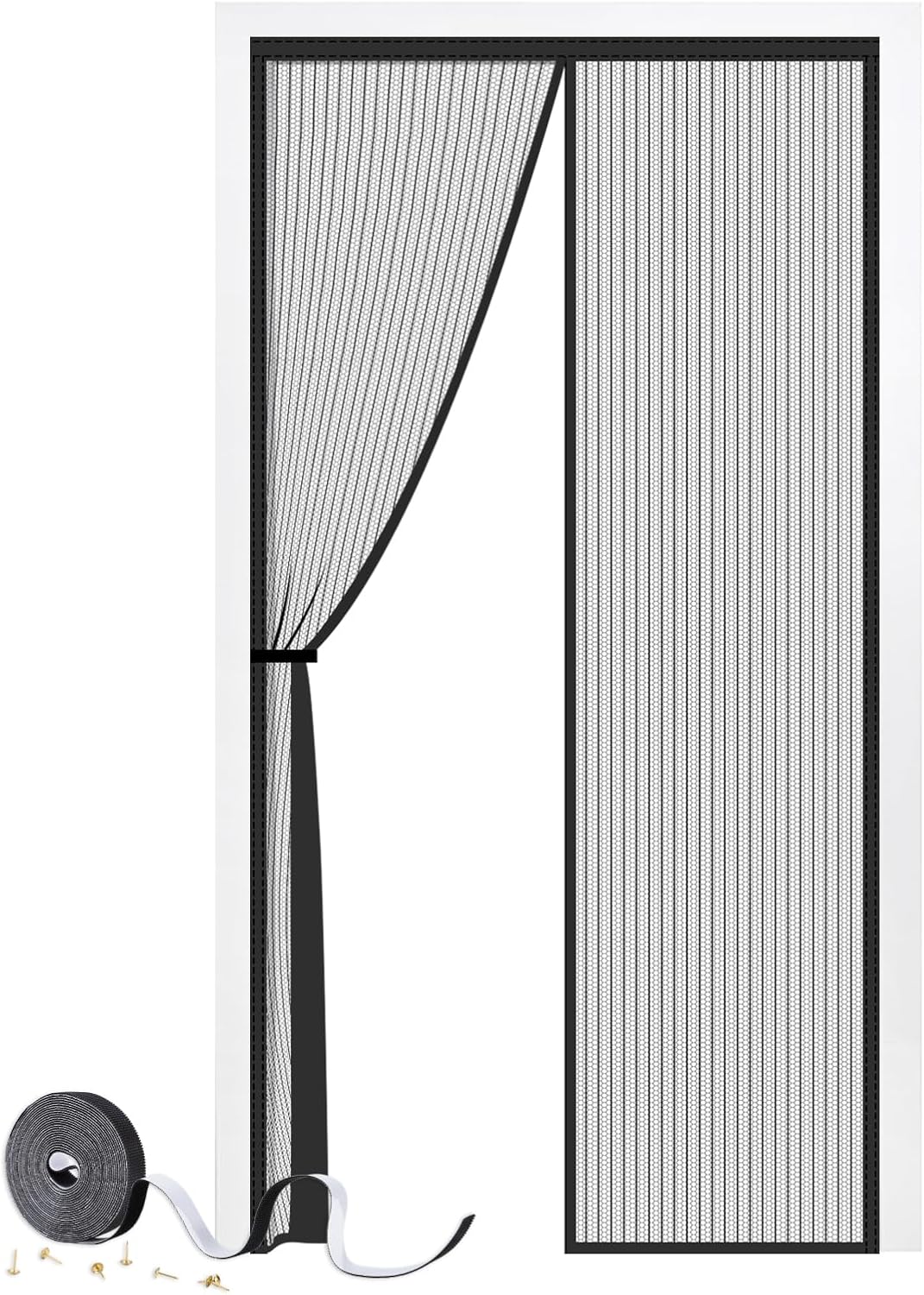 Magnetic Door Screen 90 x 210 cm, SMALUCK Heavy Duty Fly Door Screen Mesh with Powerful Magnets, Durable Mesh Curtains Keeps Bugs Out, Frame Hook & Loop, Kid and Pet Friendly