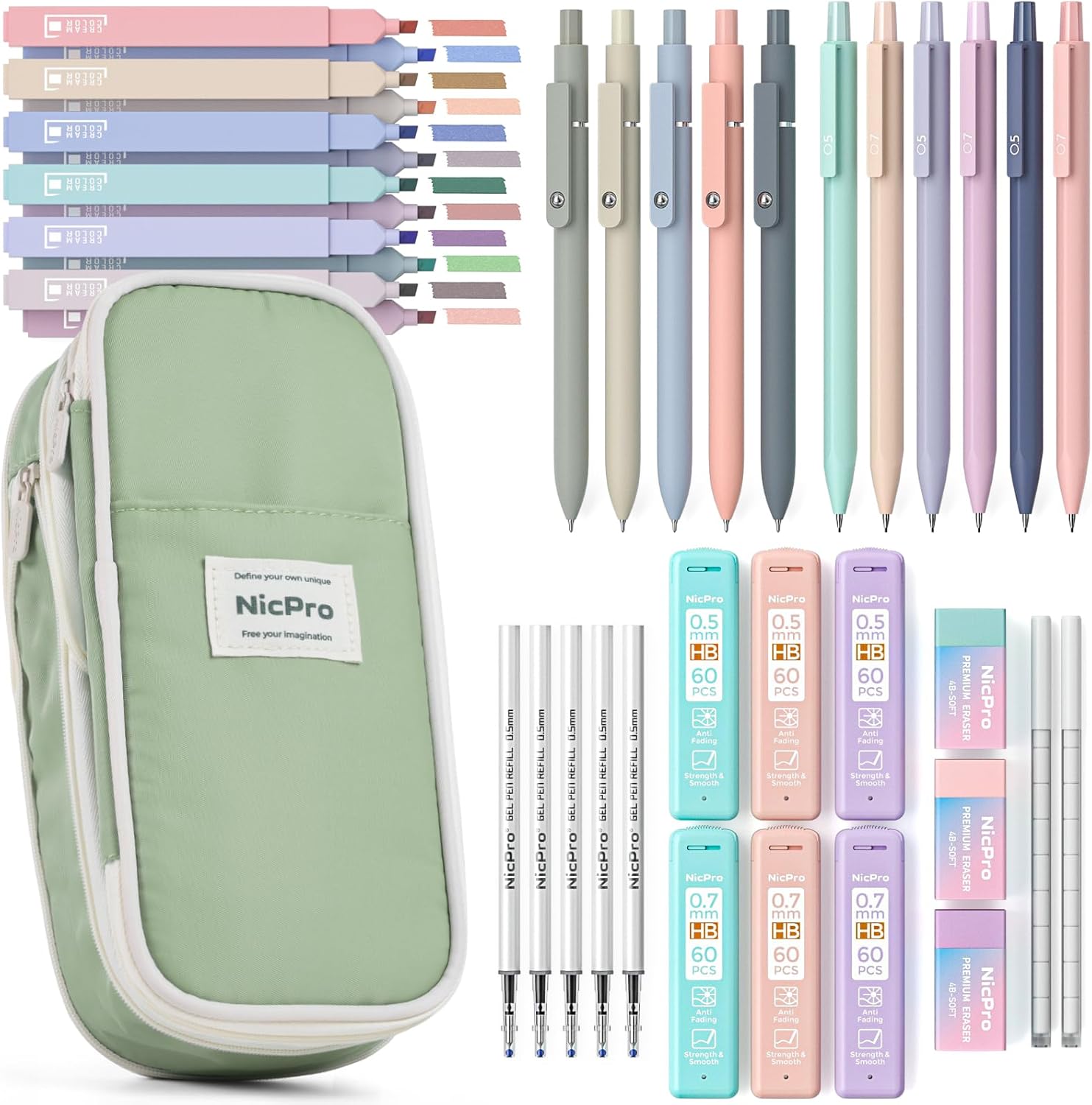 Nicpro 39 PCS Aesthetic Stationery Supplies with Big Capacity Pen Case, 12 Color Pastel Highlighters, 5 Quick Dry Retractable Black Ink Pens, 6 Cute Mechanical Pencil 0.5 & 0.7 mm for Student School