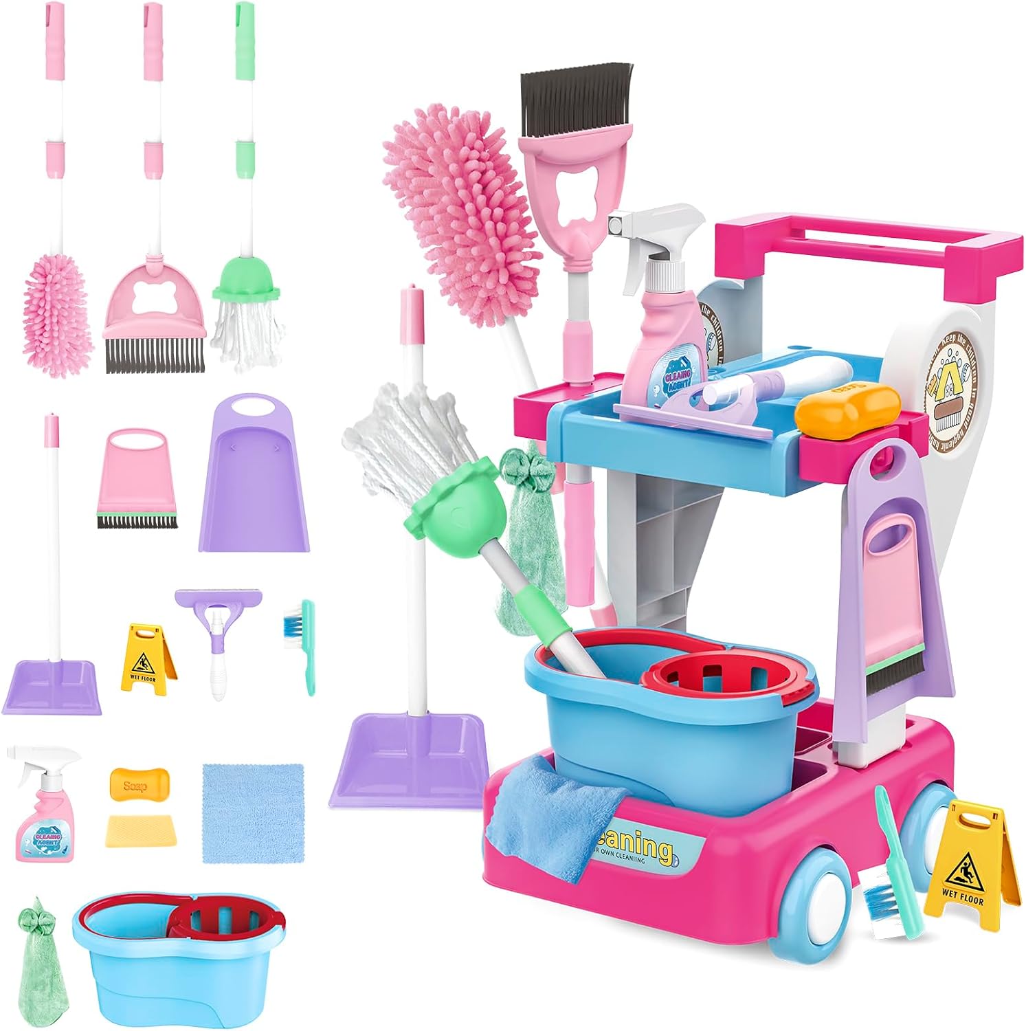 deAO Kids Cleaning Set for Toddlers, 17 PCS Pretend Play Detachable Housekeeping Cart with Broom,Dust Pan,Spray Bottle Children House Cleaning Tools,Kids Broom and Mop Set