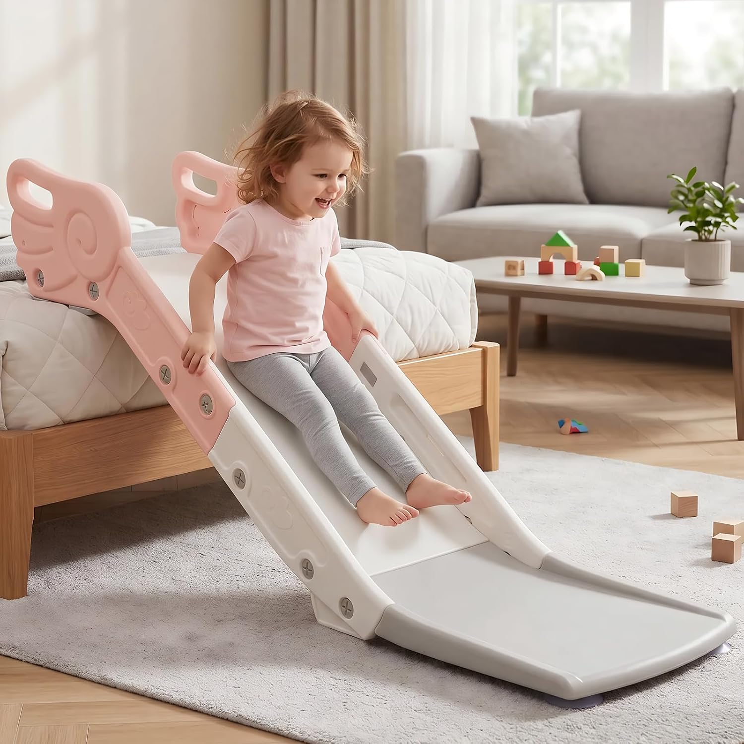 Kids Indoor Slide for Bed & Sofa, Toddler Bedside Slide with Anti-Slip Base, Safe Climber Slide Home Playset for Bedroom Living Room, Age 3+, Pink