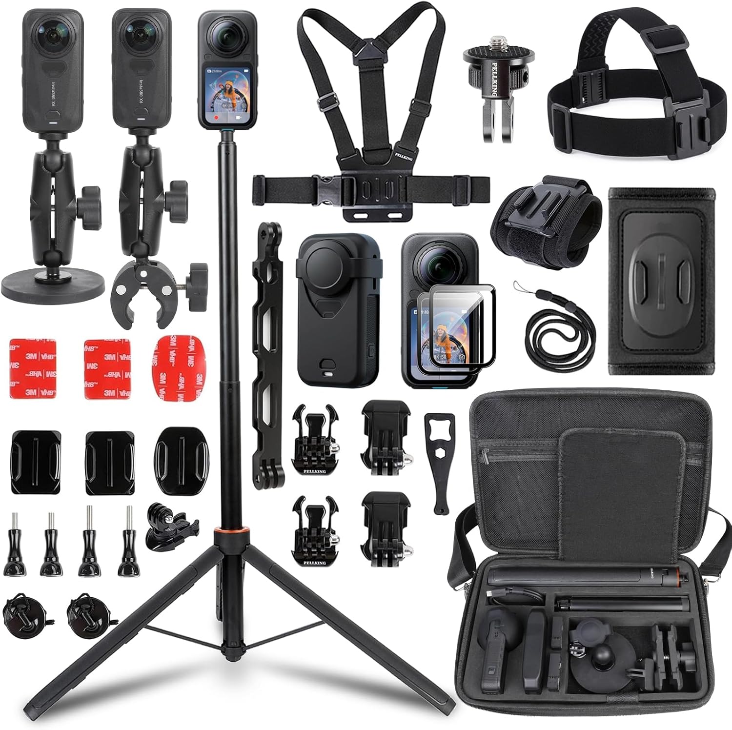 PellKing Accessories Kit for Insta360 X6,Included Carrying Case with Belt,135cm Selfie Stick Tripod,Aluminium Handlebar Clamp.Aluminium 1/4" Adapter,Magnetic Car Mount,4 Pcs Body Strap Mount,and Other