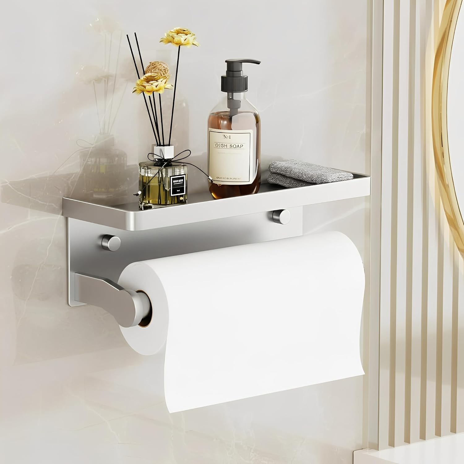 Silver Paper Towel Holder with Shelf, Wall Mount Paper Towel Holder for Bathroom Kitchen, Hand Towel Rack Holder,Paper Roll Holder with Self Adhesive & Screw,RV