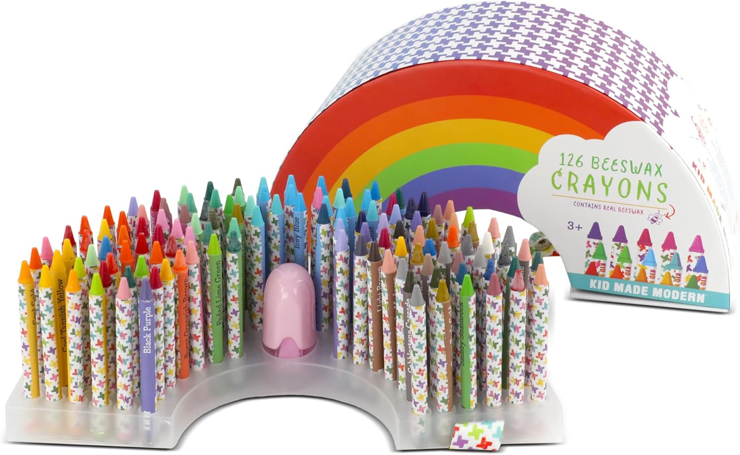 Kid Made Modern Rainbow Beeswax Crayons Set for Kids (126 Pieces) – Includes Rainbow Storage Case & Built-In Sharpener – Non-Toxic, Mess-Free, Natural Crayons for Toddlers & Kids Ages 3+
