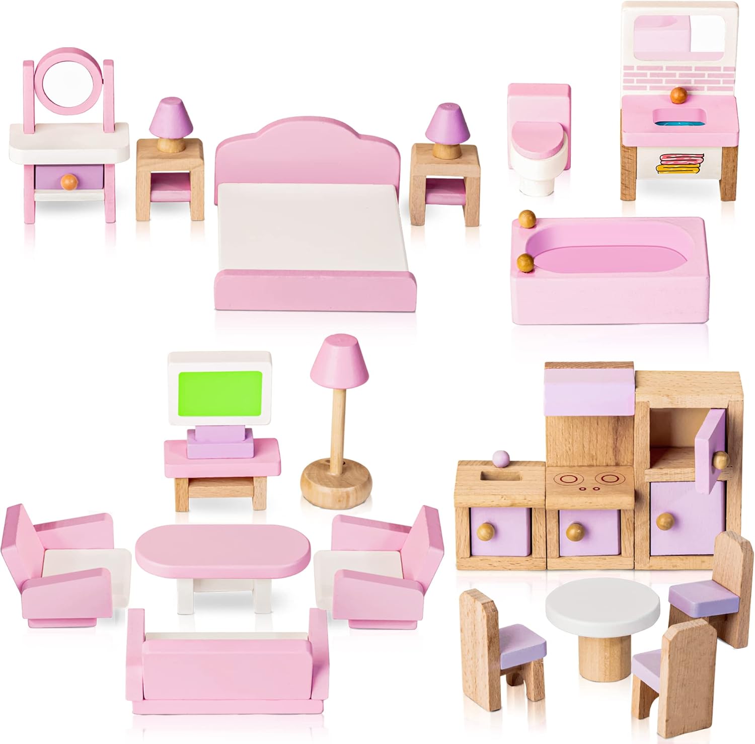 Wooden Dollhouse Furniture Set, 22 Pcs Miniature Dollhouse Accessories Including 5 Room Kits, Little People House Furniture, Doll House Furniture Toys Gift for Girls Boys Age 3+