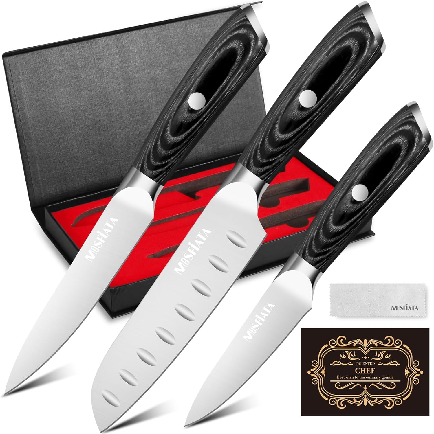 MOSFiATA 3pcs Kitchen Knife Set, Sharp Chef Knife High Carbon German EN1.4116 Stainless Steel Santoku Cooking Knife, Fruit Paring Knife Kitchen Chopping Knives Set with Wooden Handle and Gift Box