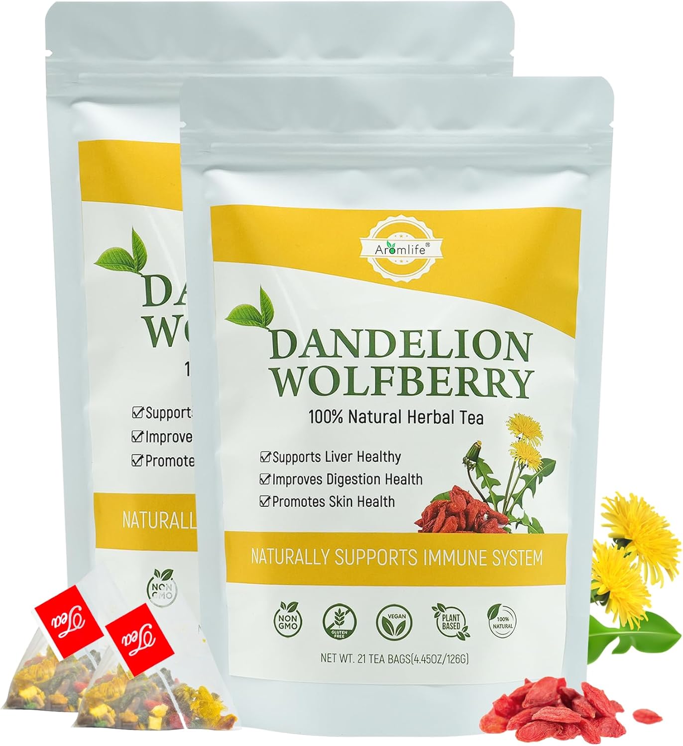 Natrual Dandelion Wolfberry Tea Pack of 2, Supports Kidneys & Liver Health Organic Liver Detox Dandelion Root Tea for Digestion Health, Caffeine-Free Goji Berries Tea for Skin Health