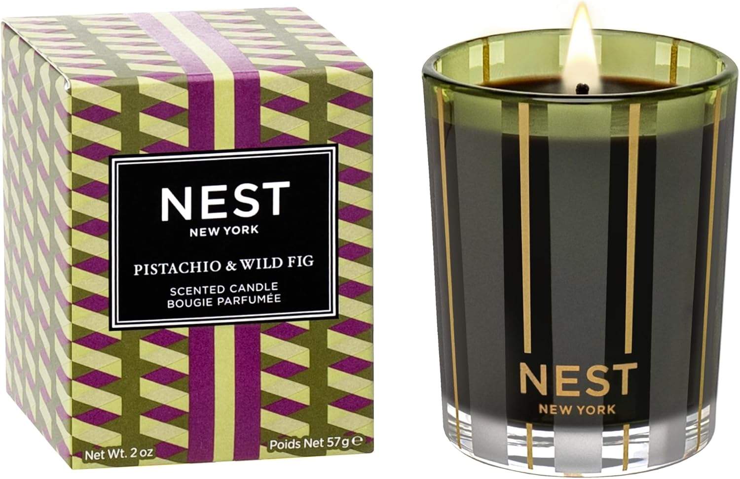 NEST New York Scented Votive Candle, Pistachio & Wild Fig - 2 oz - Up to 28-Hour Burn Time - Reusable Glass Vessel