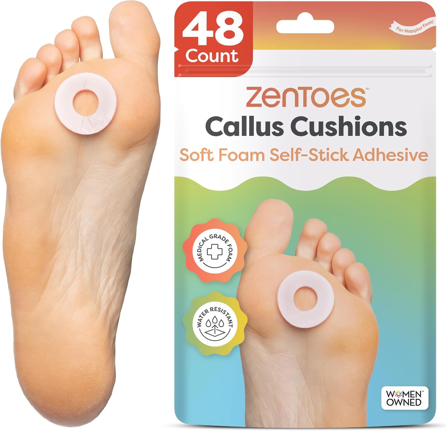 ZenToes Callus Cushions | Water-Resistant Self-Stick Adhesive Corn Pads | Foot, Heel, & Toe Discomfort Relief | Soft Foam for Friction Protection | Ideal for Active Lifestyles | 48-Pack