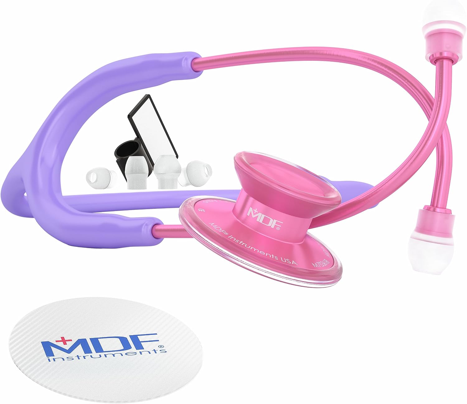 MDF Instruments, Acoustica Lightweight Stethoscope for Doctors, Nurses, Students, Home Health Use, Adult, Dual Head, Pastel Purple Tube, Pink Pinkore Chestpiece-Headset, MDF747XPPO07
