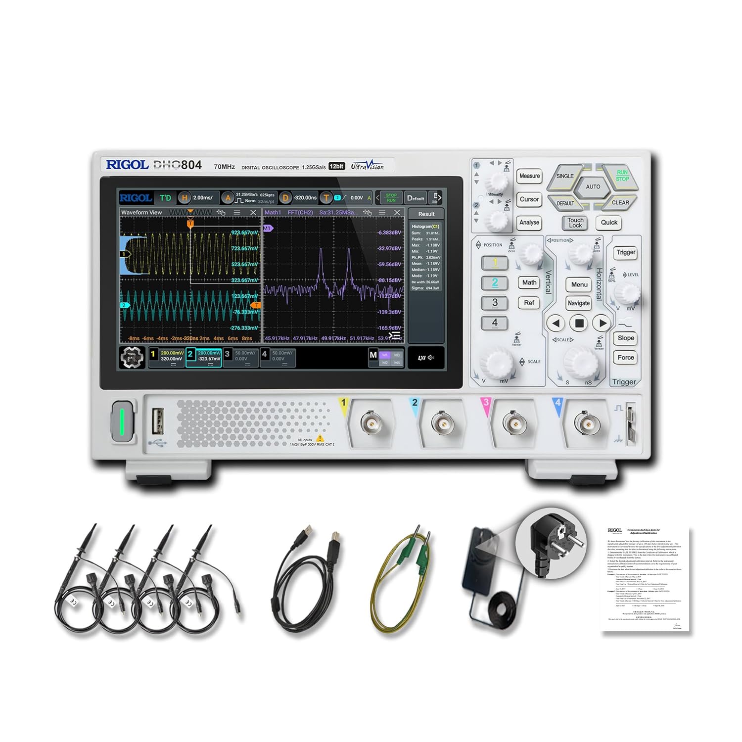 RIGOL Digital Oscilloscope DHO804 70MHz Frequency Band + 12-bit Vertical Resolution + Maximum 1.25 GSa/s Sample Rate + 1000,000 wfms/s Waveform Capture Rate + 4 Analog Channels