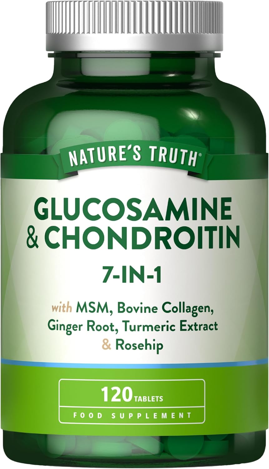 Glucosamine and Chondroitin High Strength 7-in-1 | 1200mg Complex with MSM, Bovine Collagen, Ginger Root, Turmeric Extract, and Rosehip | 120 Tablets | Nature's Truth