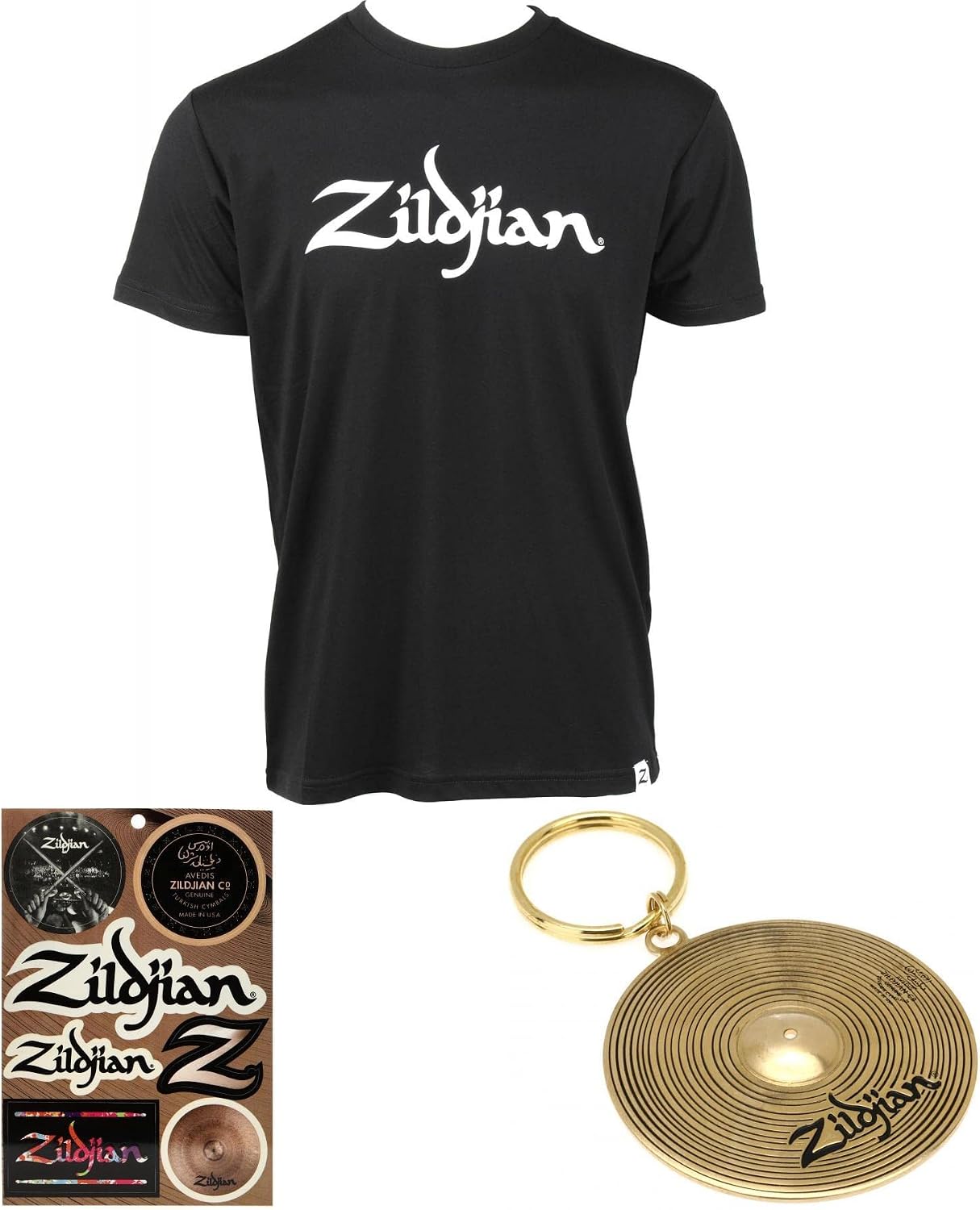 Zildjian Black Classic Logo T-shirt (XX-Large) Gift Bundle with Cymbal Keychain and Vinyl Sticker Sheet (7 Stickers)