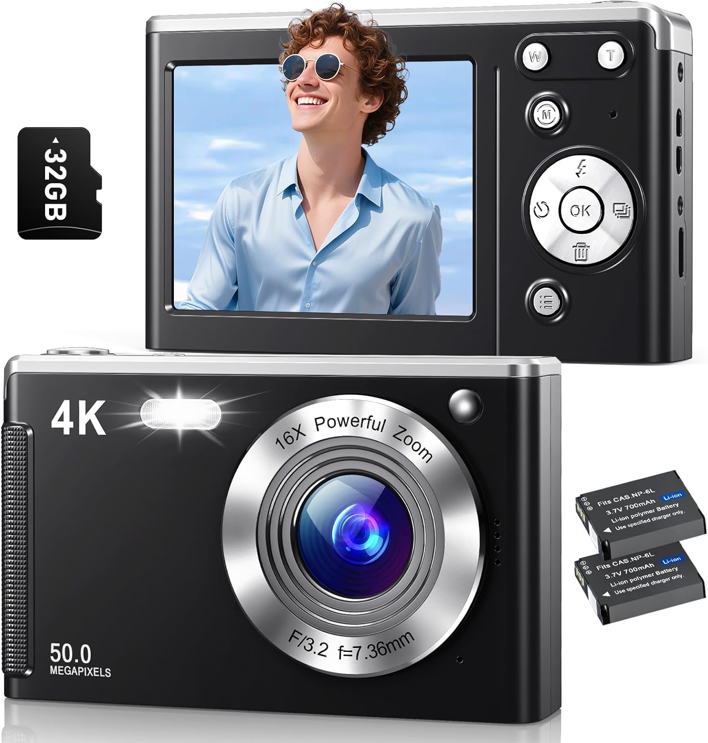 4K Digital Camera, Autofocus Vlogging Cameras for Photography with 32GB Card, 50MP Portable Compact Point and Shoot Digital Camera for Beginner Teens Adult with 16X Zoom Anti-Shake, 2 Batteries