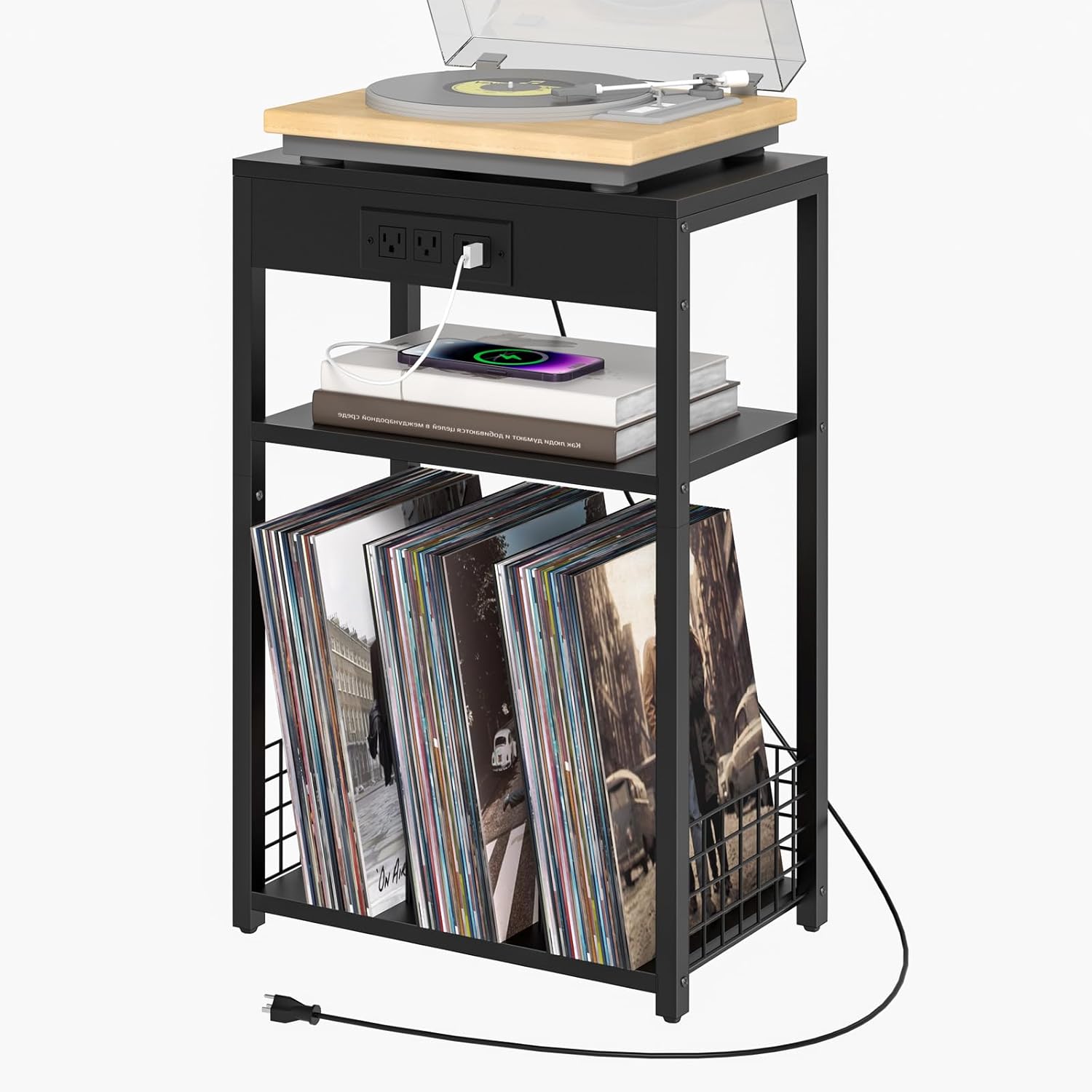 LELELINKY Black Record Player Stand with Charging Station